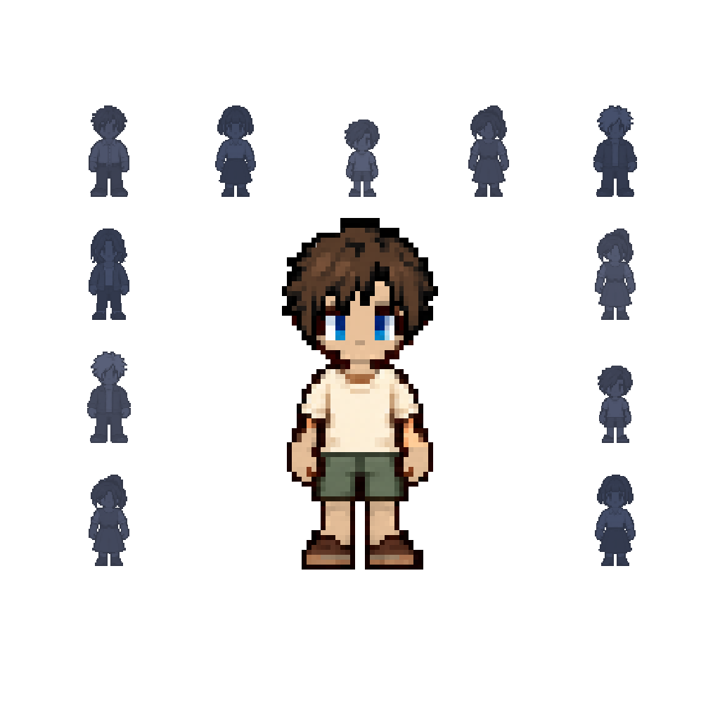 One person standing among a crowd of pixel characters