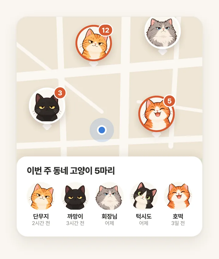 고양이 얼굴 핀이 꽂힌 동네 지도와 이번 주 만난 고양이 다섯 마리