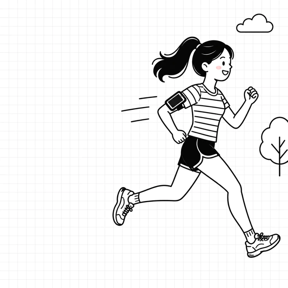 腕にスマートフォンを着けて走る人の後ろに、通ってきた道が緑とオレンジの線で描かれているイラスト
