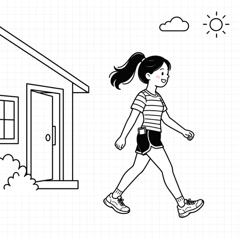 スマートフォンをポケットに入れて家を出る人の後ろに、緑の線が描かれているイラスト