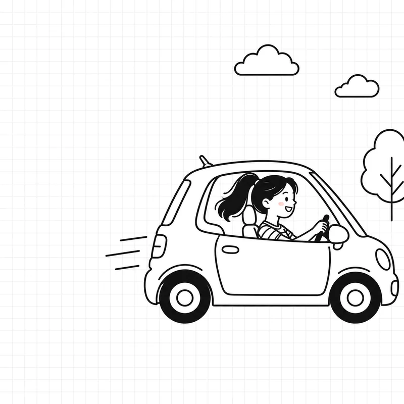 車を運転する人の後ろに、緑、オレンジ、青の線が続いているイラスト
