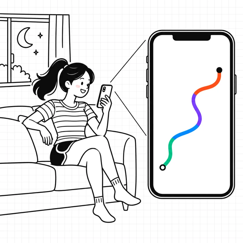 ソファに座って、スマートフォンで今日通ってきた道を見ている人のイラスト