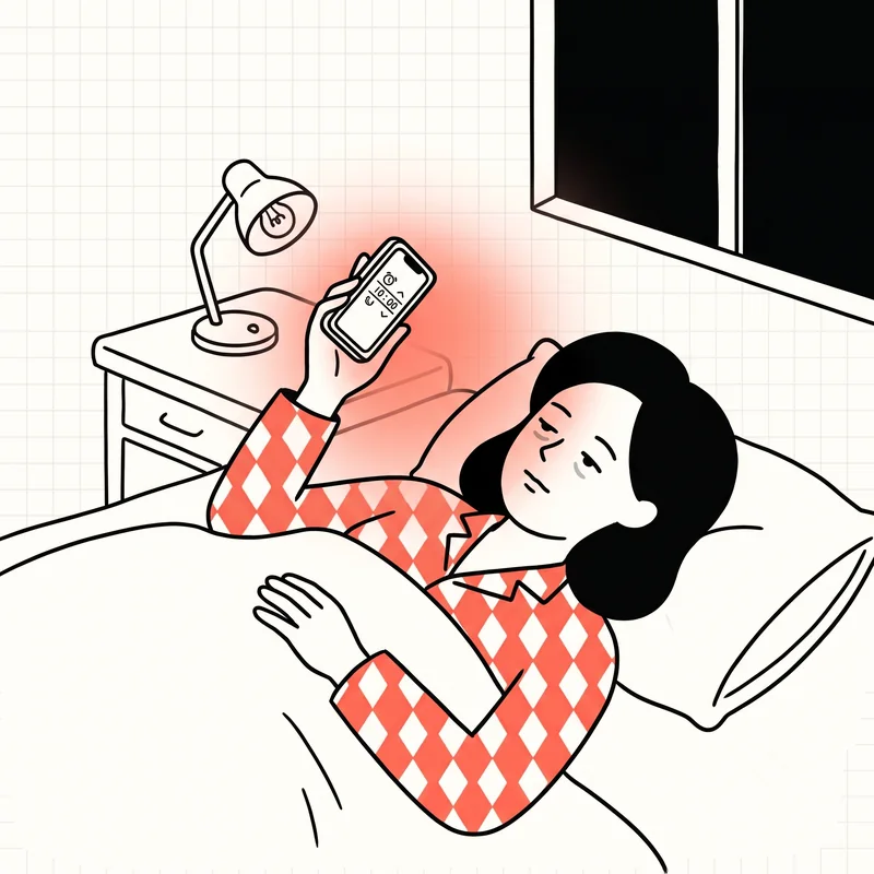 Ilustración de una persona acostada por la noche que configura una alarma en el móvil