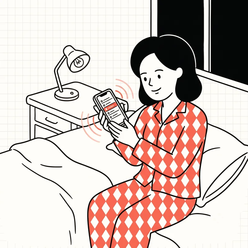 Ilustración de una persona sentada en la cama escuchando voces de alarma en el móvil