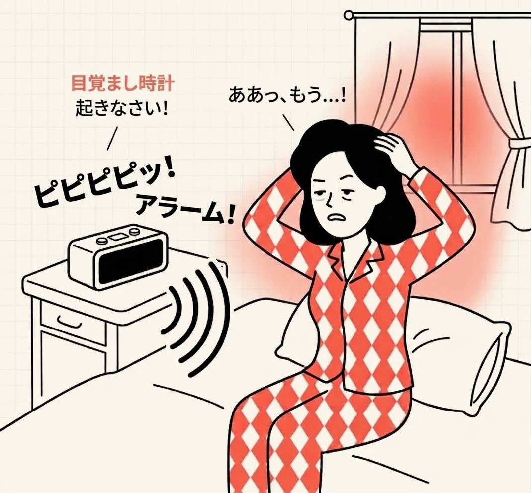 目覚まし時計の音に驚いてベッドで起き上がった人のイラスト