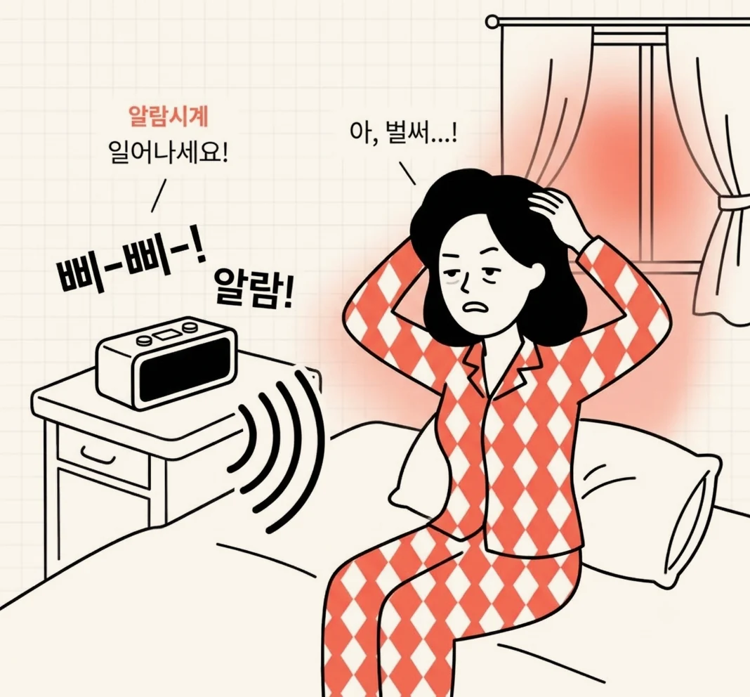시끄러운 알람 소리에 놀라 침대에서 일어나 앉은 사람 그림