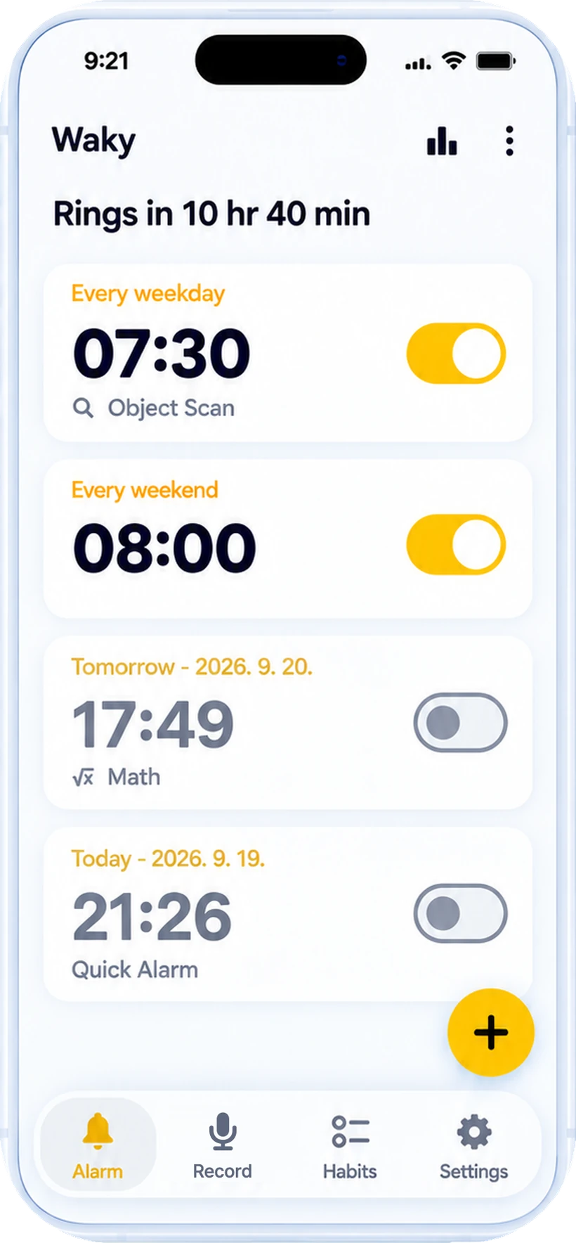Pantalla de lista de alarmas de Waky